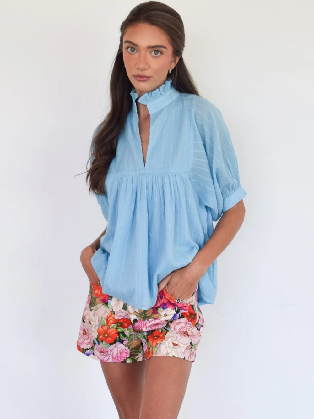 Never a Wallflower High Neck Top in Air Blue Stripe